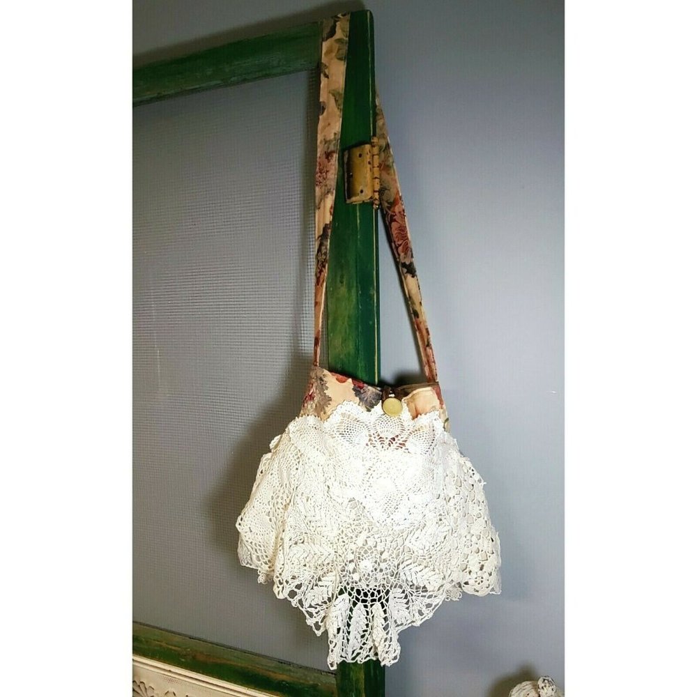 Boho Handbag Gypsy Purse Unique Hippie Bag Vintage Crochet Lace Doilies Fringe - Picture 2 of 11
